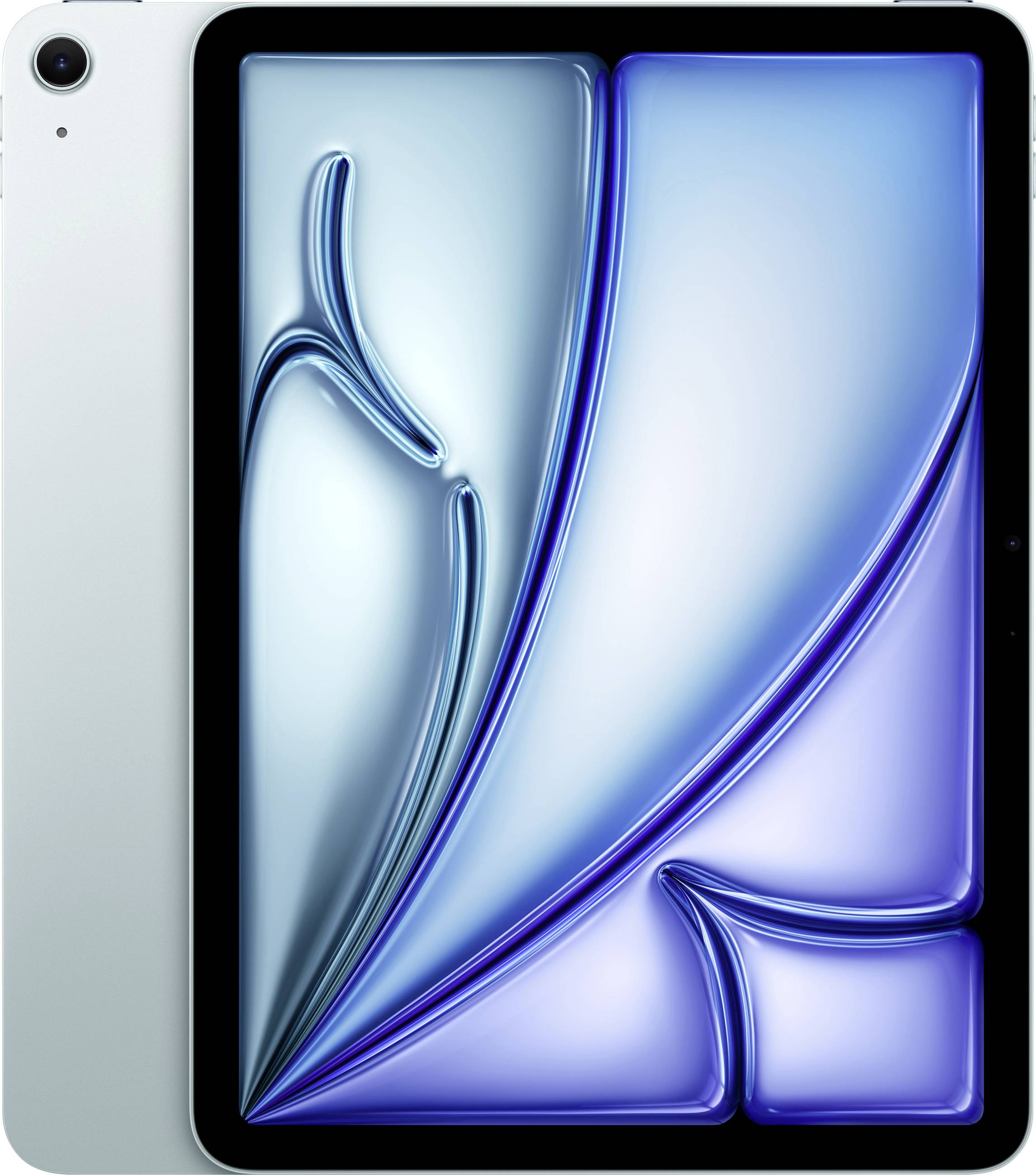 Une tablette au design épuré et argenté avec un écran vibrant affichant un motif abstrait bleu aux lignes tourbillonnantes et aux dégradés doux.