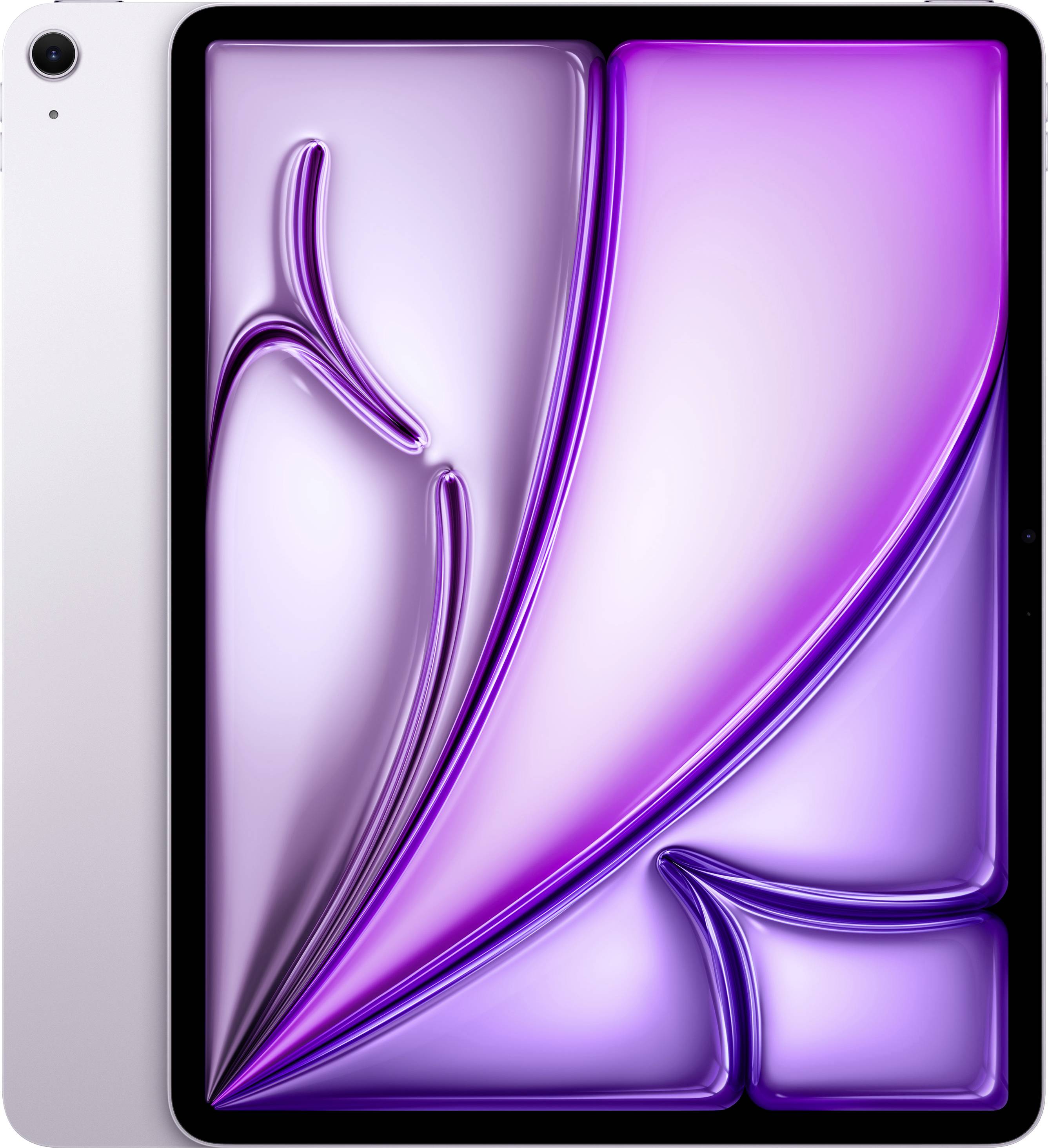 Une tablette avec un design abstrait violet sur l'écran, présentant des courbes et des formes géométriques. L'appareil dispose d'une bordure argentée élégante et d'une caméra arrière.