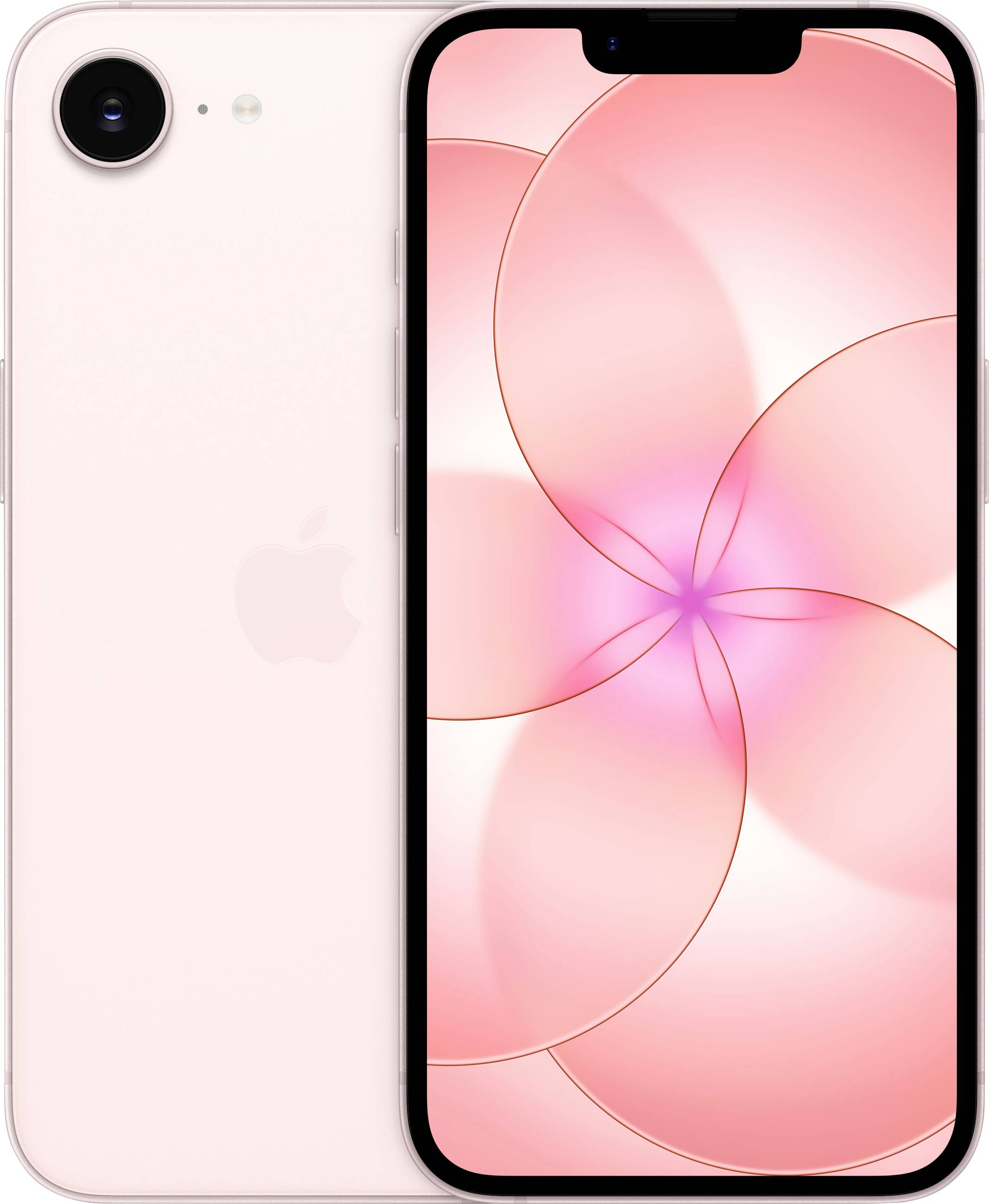 Un smartphone rose avec un grand écran affichant un motif abstrait circulaire rose. Le logo Apple est visible à l'arrière.