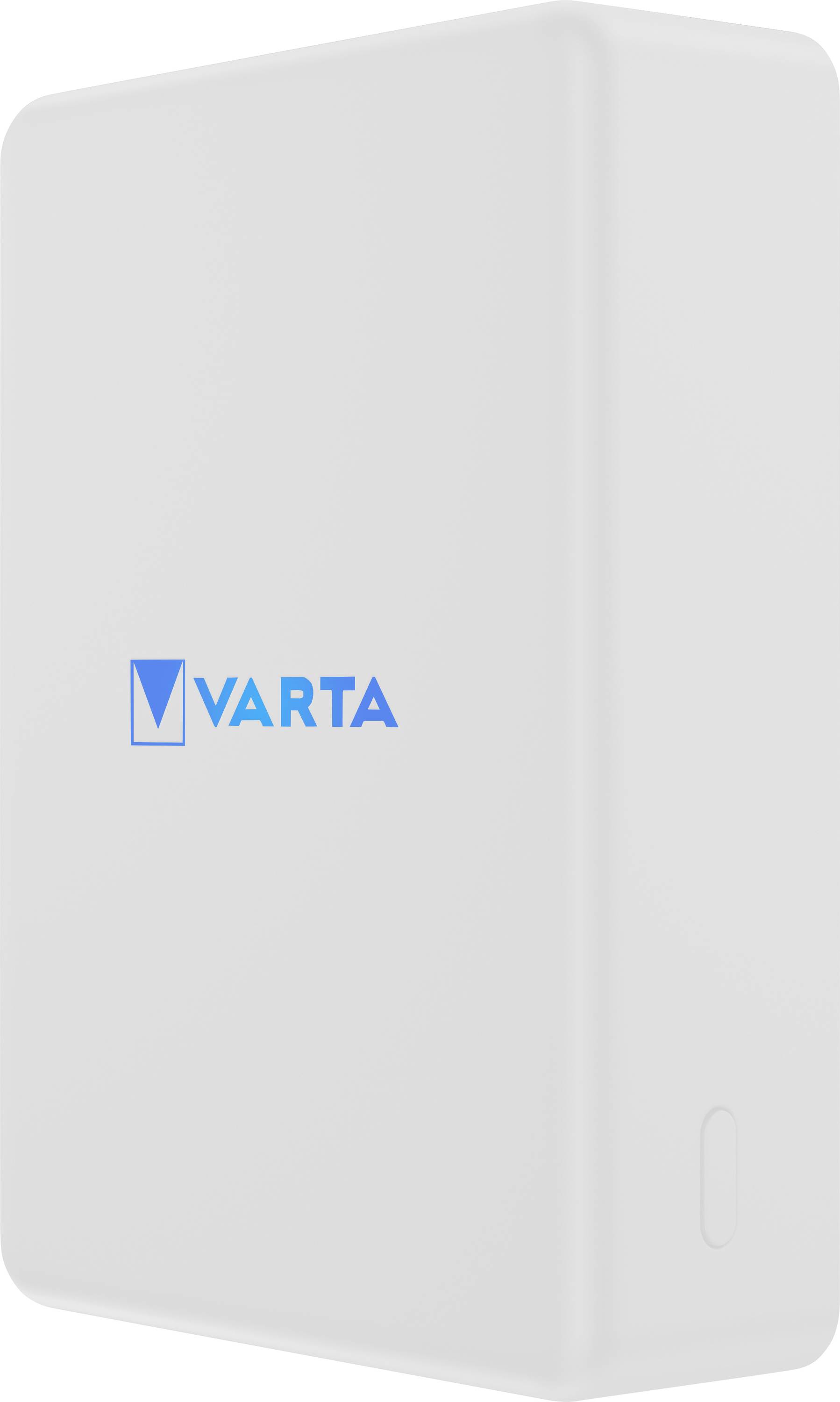 Un bloc-batterie blanc avec le logo « Varta » en bleu.