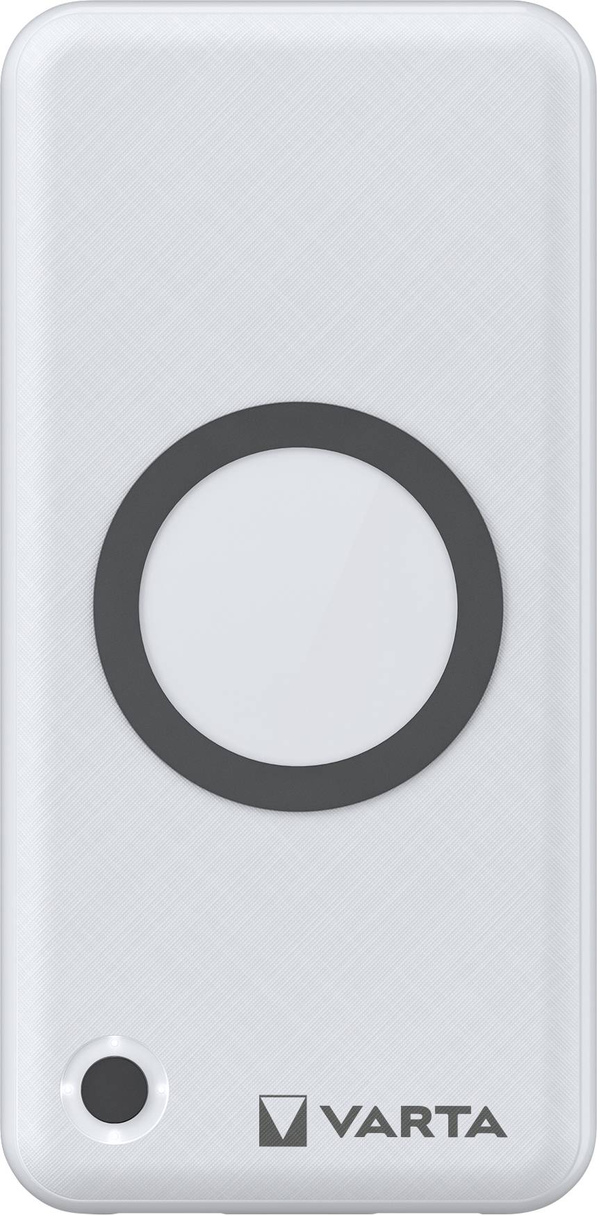 Un power bank blanc Varta présentant un design circulaire au centre et un petit trou près du coin inférieur gauche, avec le logo Varta en dessous.