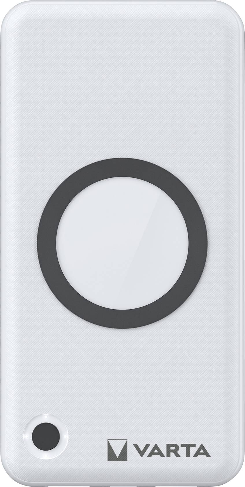 Un chargeur sans fil rectangulaire avec une zone de charge centrale et la marque VARTA dans le coin inférieur droit.