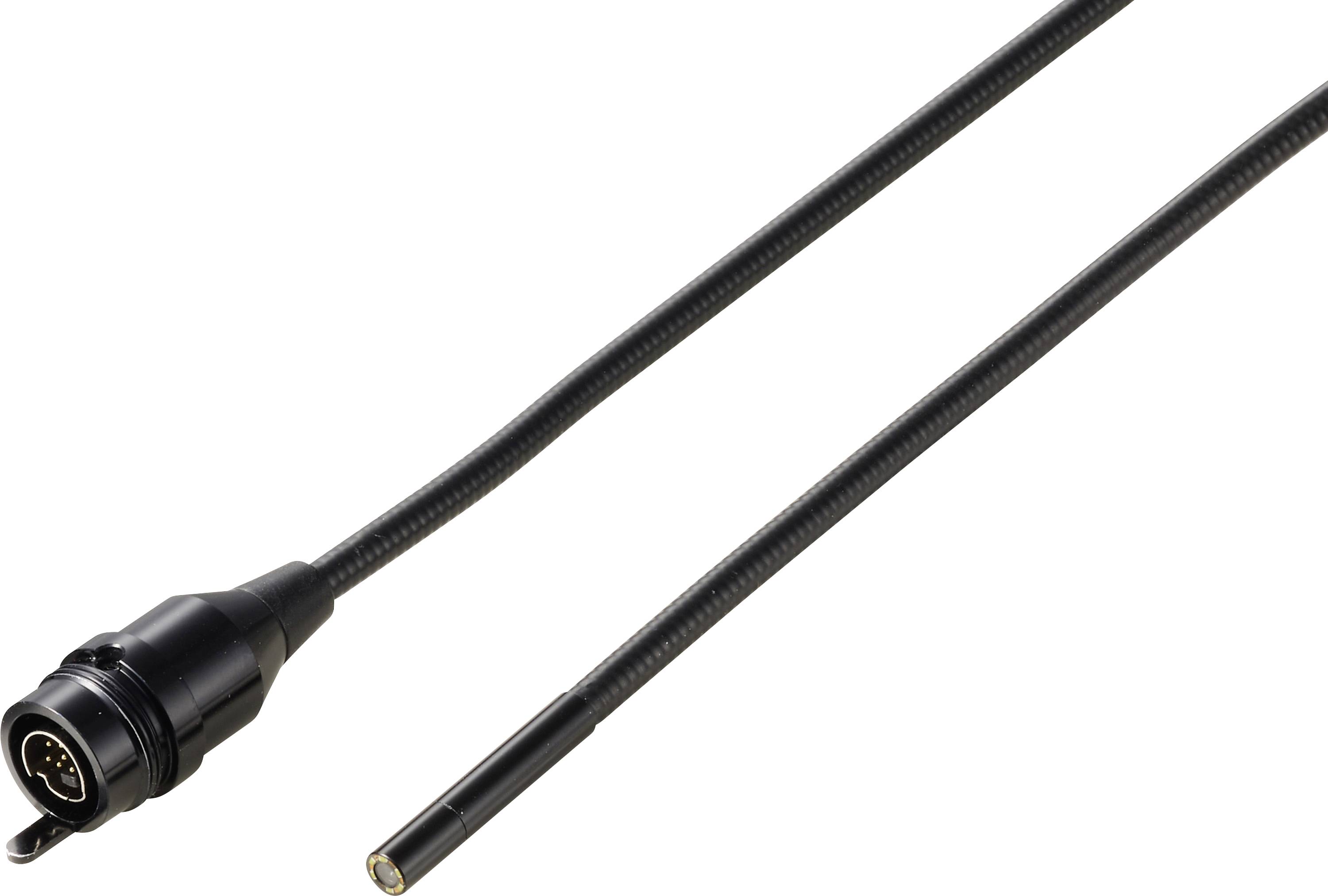 Câble connecteur noir avec une fiche circulaire à une extrémité et une petite pointe de fil exposée à l'autre extrémité, présenté sur un fond blanc.