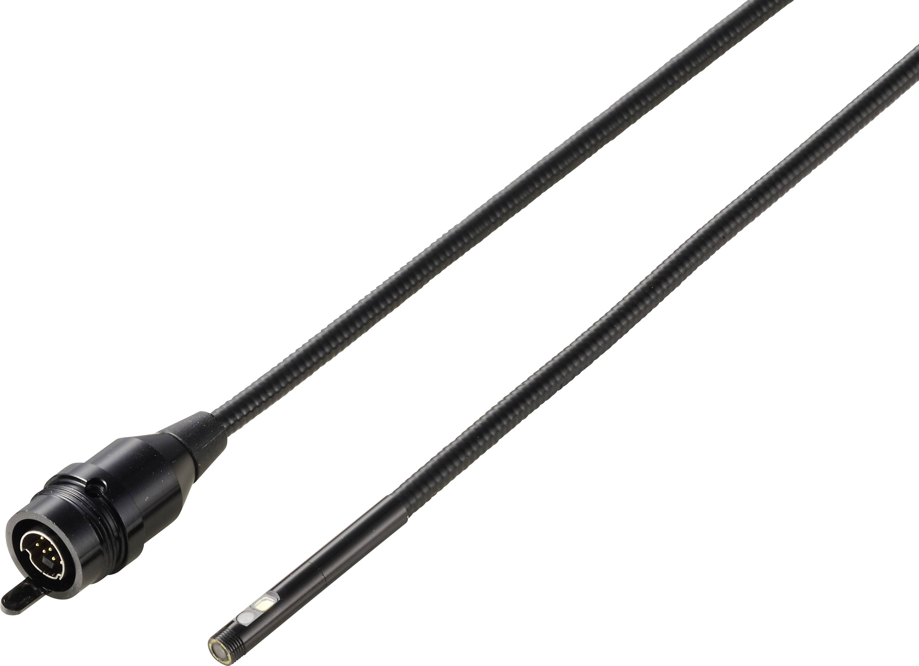 Câble flexible noir avec connecteur multi-broches circulaire à une extrémité et petit capteur/connecteur cylindrique à l'autre extrémité, présenté sur un fond blanc.