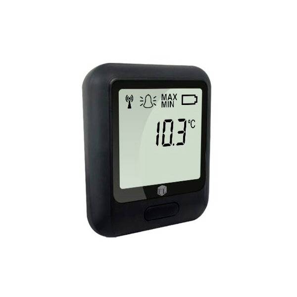 Affichage de thermomètre numérique montrant « 10,3°C », niveau de batterie et icônes de signal, indiquant la connectivité sans fil et l'état de la batterie.