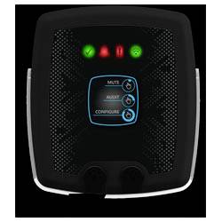 Un panneau de contrôle noir avec trois icônes illuminées en haut : une coche verte, un avertissement rouge et un Wi-Fi vert. Boutons : Sourdine, Audit, Configurer.