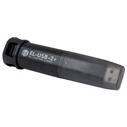 Un appareil EL-USB-2+ noir, utilisé pour l'enregistrement des données de température et d'humidité, avec un connecteur USB à une extrémité.