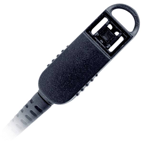 Un connecteur de câble électrique noir avec une tête rectangulaire et une boucle à l'extrémité, généralement utilisé pour les connexions sécurisées dans les appareils électroniques.