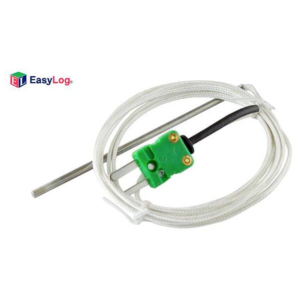 Sonde thermocouple avec connecteur vert et câble tressé long, marquée de la marque « EasyLog ». Utilisée pour l'enregistrement des données de température.