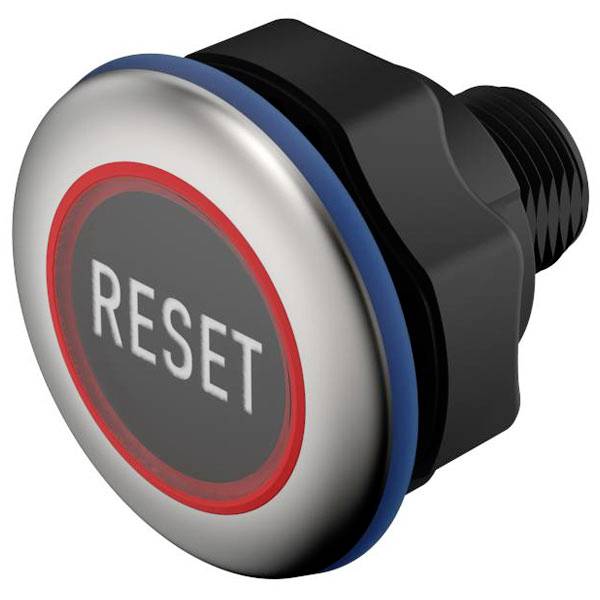 A metallic reset button with a black base and the word 'RESET' in white capital letters on its surface.