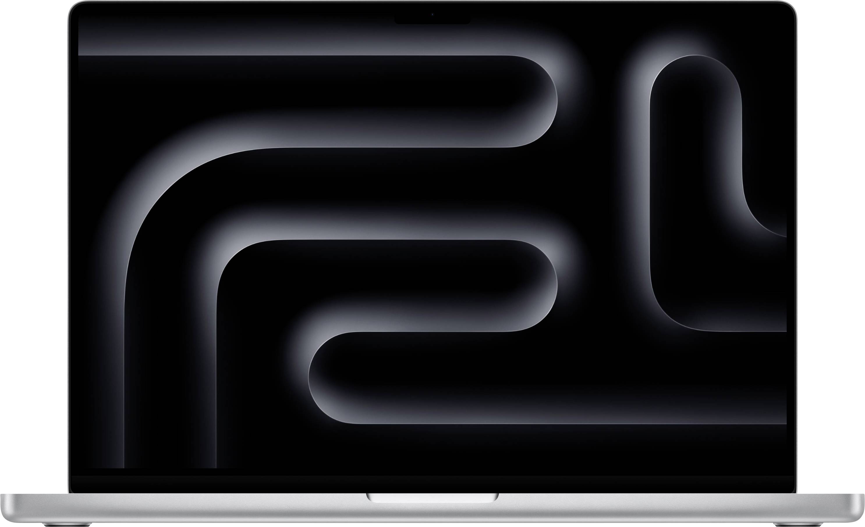 Écran d'ordinateur portable affichant des lignes courbes abstraites gris foncé et gris clair sur un fond noir.