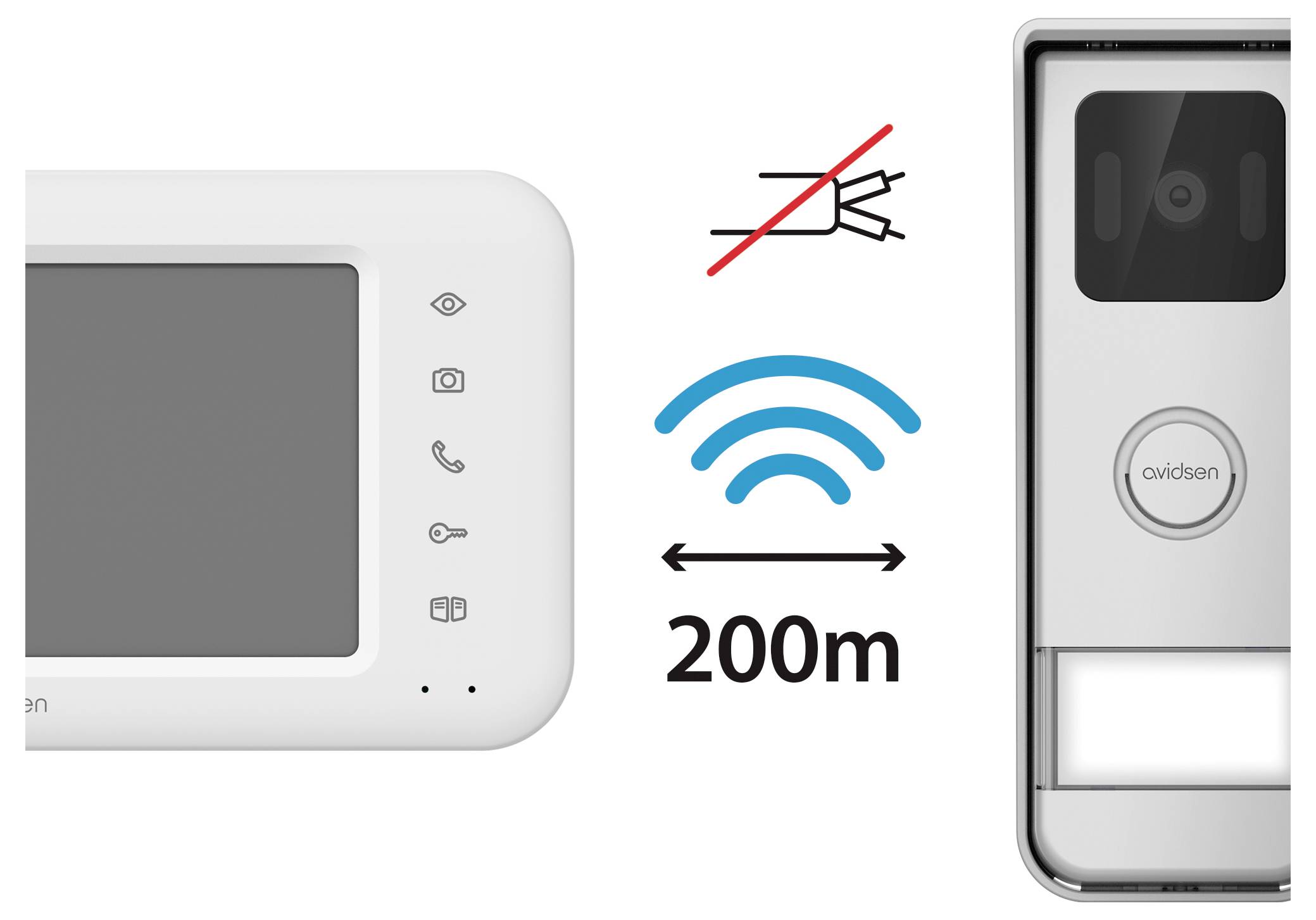 Un système d'interphone vidéo sans fil affichant un écran de moniteur avec des boutons de contrôle, un symbole de connectivité sans fil et une indication de distance « 200 m ».