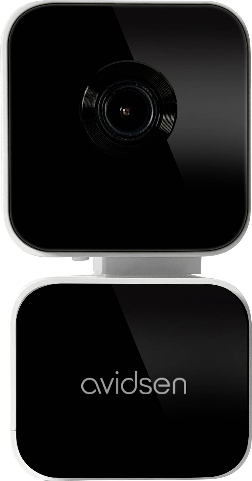 Caméra noire Avidsen avec un objectif au centre, présentant un design minimaliste.
