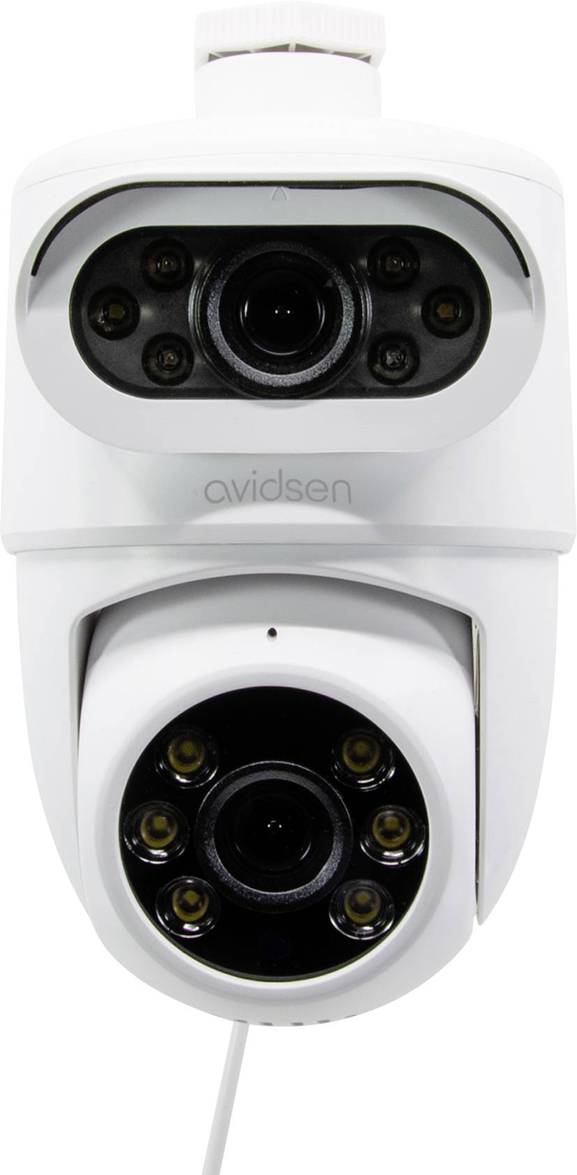 Une caméra de sécurité blanche avec deux objectifs et plusieurs capteurs infrarouges sur fond blanc, conçue à des fins de surveillance.