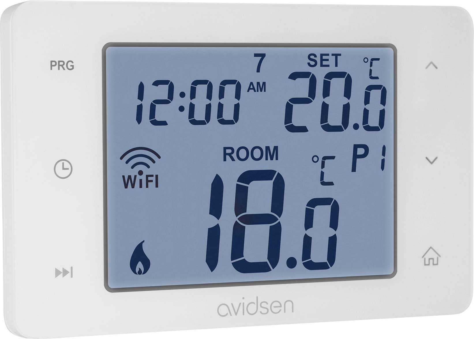 Thermostat numérique affichant « ROOM 18.0°C », l'heure « 12:00 AM », la température réglée « 20.0°C », avec symbole Wi-Fi et boutons de programmation.