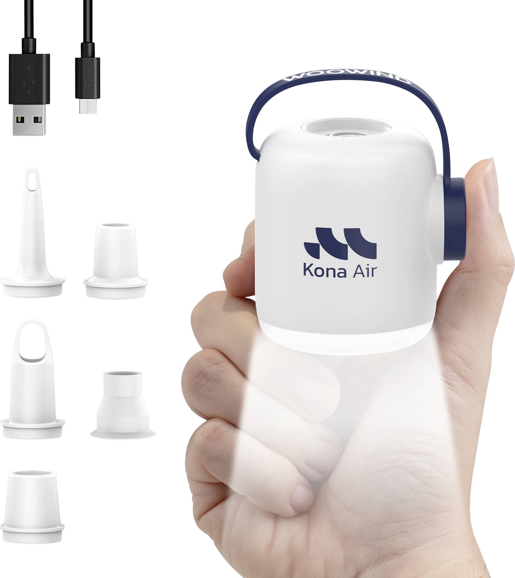 Aspirateur portatif « Kona Air » avec diverses buses interchangeables, câble de charge USB et lumière LED brillante pour une utilisation multifonctionnelle.