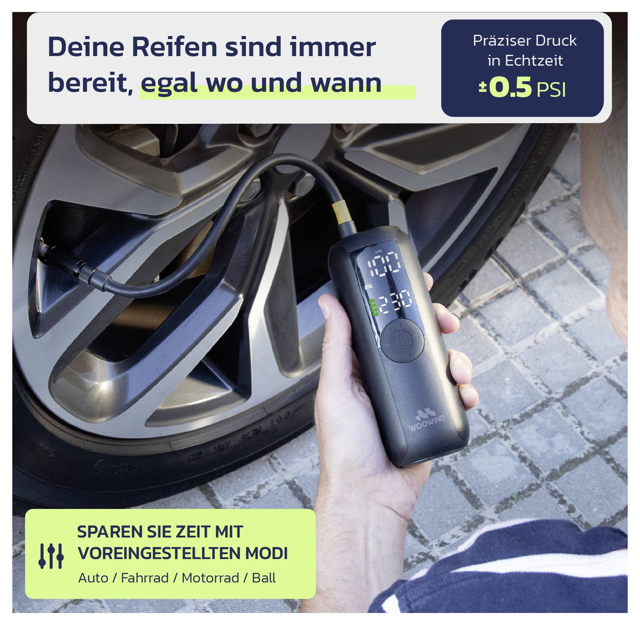 Hand hält tragbaren Reifenkompressor am Autoreifen; Text wirbt mit 'Deine Reifen sind immer bereit' und 'Präziser Druck in Echtzeit ±0.5 PSI'.
