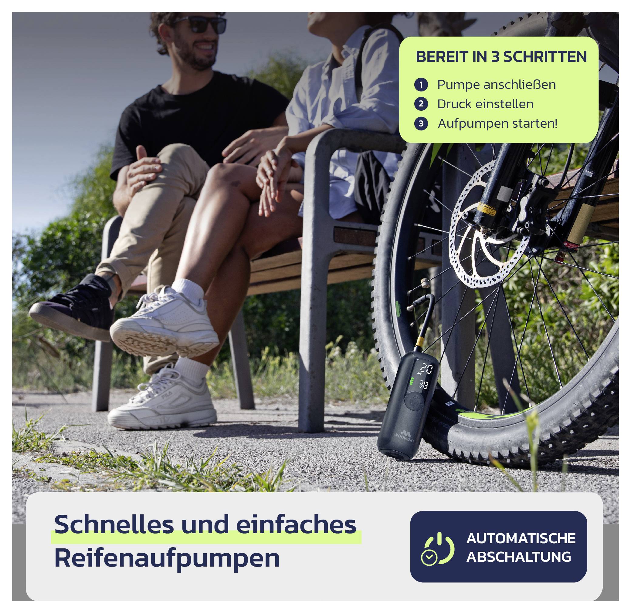 Werbebild einer tragbaren Fahrradreifen-Luftpumpe neben einem Fahrradreifen, mit deutschem Text „In 3 Schritten bereit