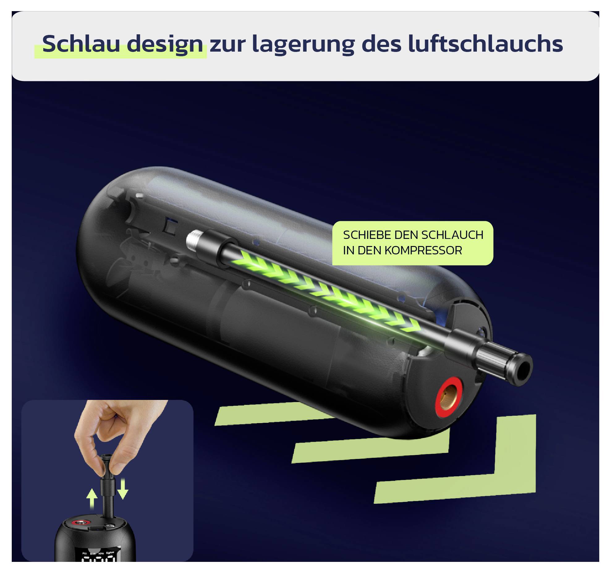 Diagram showing how to store an air hose in a compressor: 'Schiebe den Schlauch in den Kompressor' with arrows and an inset hand inserting the hose into the unit.
