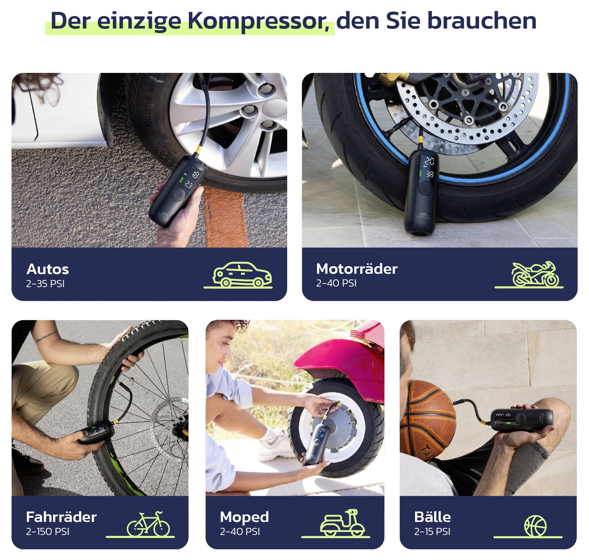 Ad for 'Der einzige Kompressor, den Sie brauchen' showing a portable inflator used for car, motorcycle, bicycle, moped and ball tires with PSI ranges.