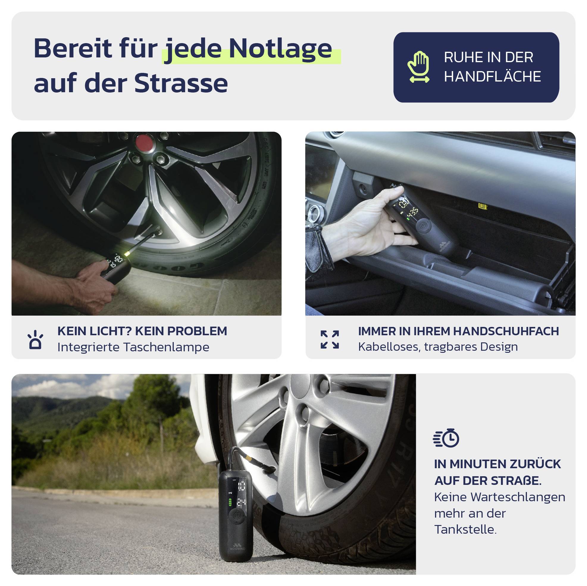 German ad for an emergency flashlight, showing it on a car tire, in a glove compartment, and beside a roadside wheel; claims hands-free use and quick return to the road.