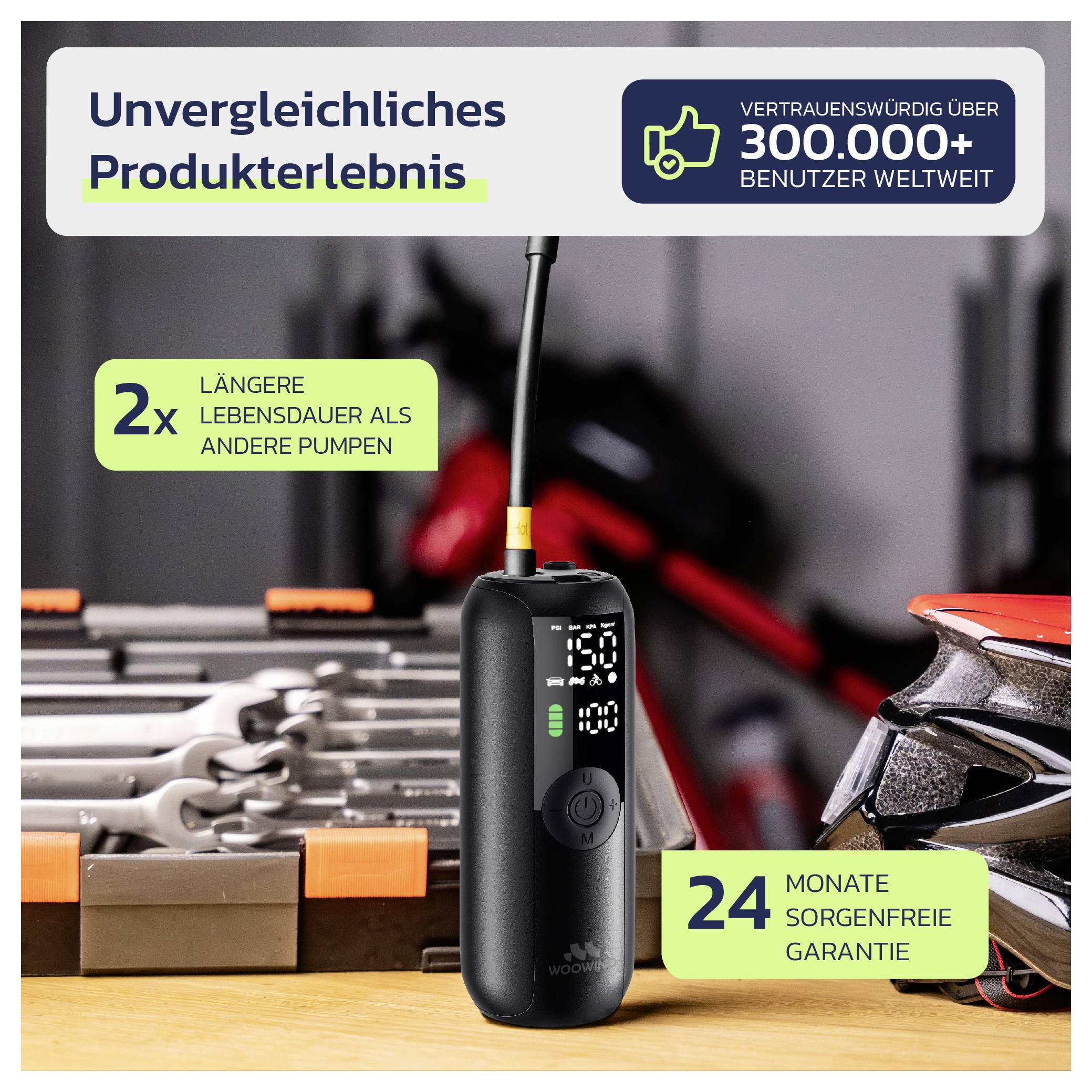 Werbeabbildung eines schwarzen elektronischen Pumpenkompressors zwischen Werkzeugen und Fahrradhelm; hebt 2x längere Lebensdauer, 300.000+ Nutzer weltweit und 24 Monate Garantie hervor.