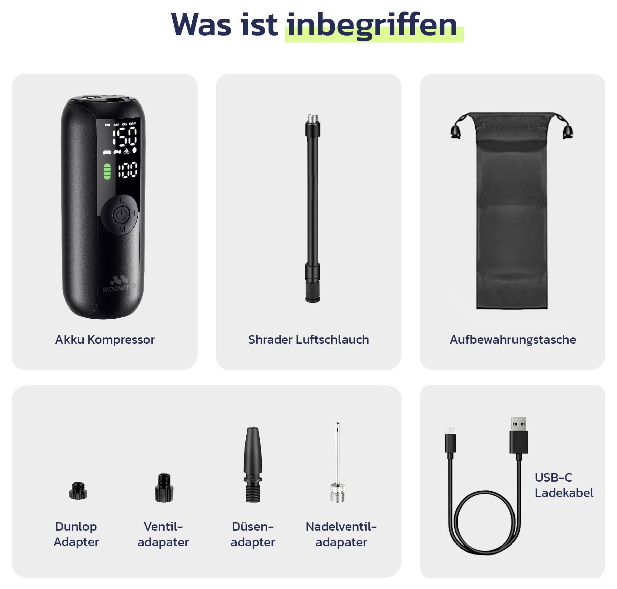 German infographic titled 'Was ist inbegriffen' showing an air compressor kit: compressor, Schrader hose, storage bag, adapters, and USB-C charging cable.