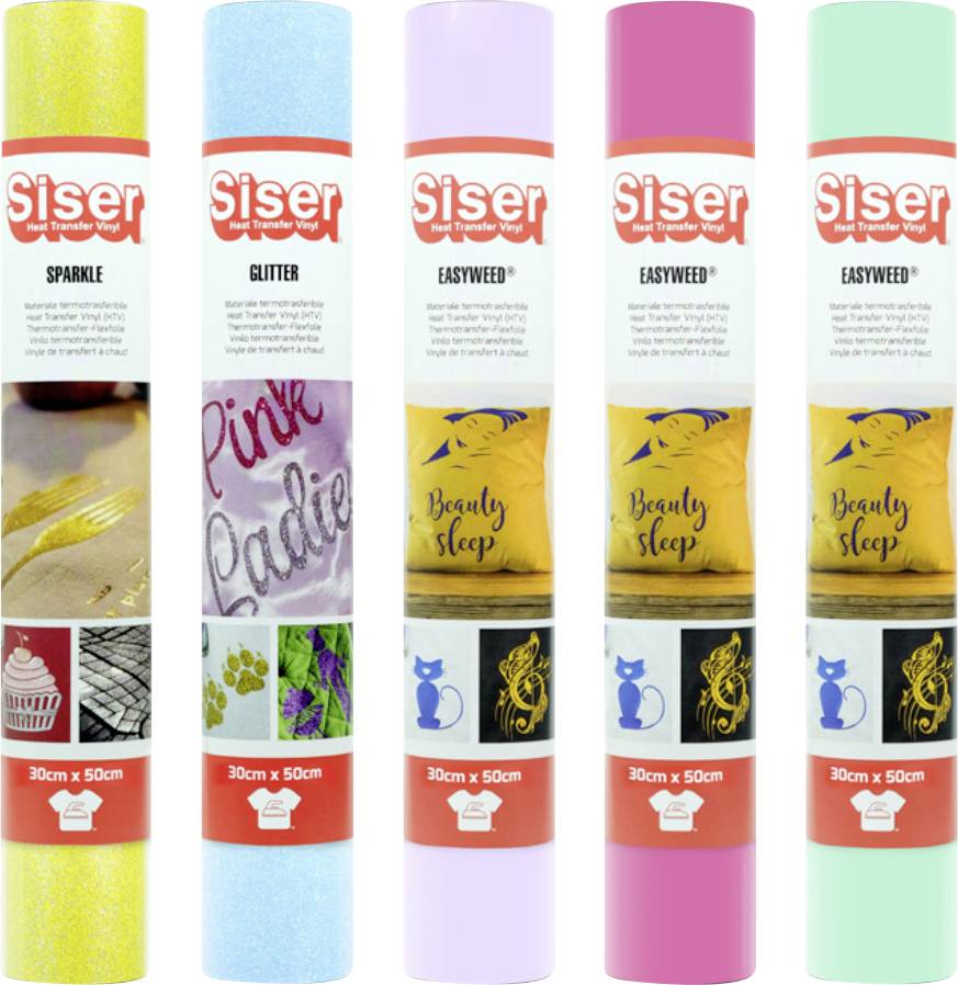 « Cinq rouleaux de vinyle Siser dans diverses couleurs : bleu pailleté, violet pailleté, rose clair, jaune et rose clair à nouveau, chacun étiqueté Easyweed. »