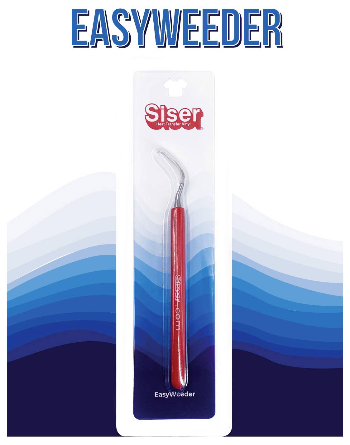 Un outil EasyWeeder rouge dans un emballage en ampoules contre un fond de vague bleue. Le titre « EASYWEEDER » en haut et le logo « Siser » sur l'emballage.