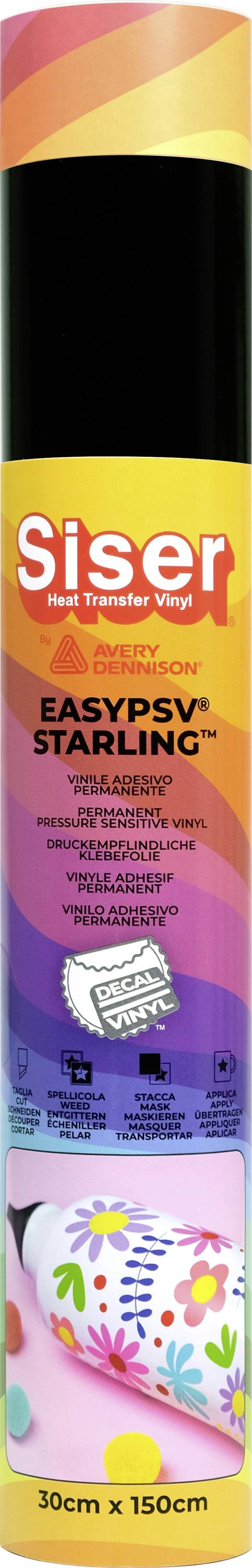 Rouleau de vinyle Siser EasyPSV Starling, 30cm x 150cm, présentant un design multicolore et des détails sur la durabilité et l'utilisation pour l'artisanat.