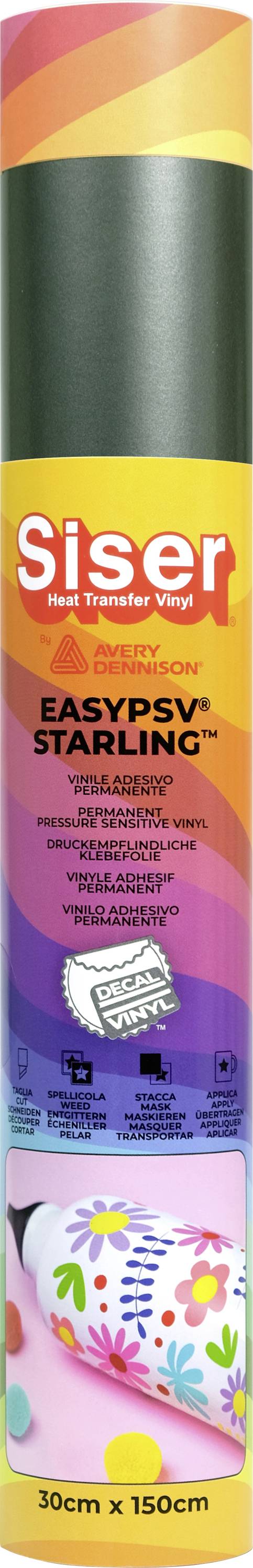 Un rouleau coloré de vinyle EasyPSV Starling de marque Siser, avec des motifs décoratifs sur l'étiquette. Le texte indique « Permanent », adapté aux travaux manuels.