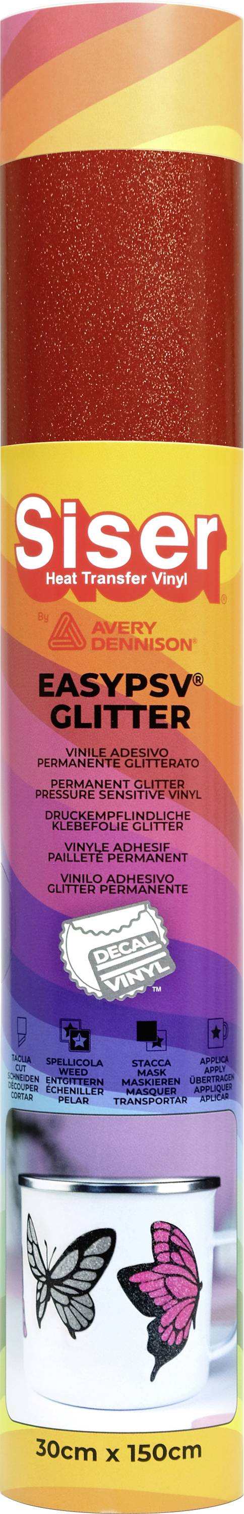 Rouleau de Siser EasyPSV Paillettes avec emballage arc-en-ciel vibrant. Montre un design de papillon comme exemple d'application. Taille : 30 cm x 150 cm.