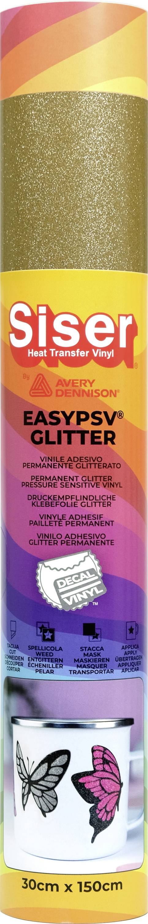 Rouleau de vinyle « EasyPSV Glitter » par Siser, 30 cm x 150 cm, présenté dans son emballage avec un design papillon et un fond aux couleurs éclatantes.