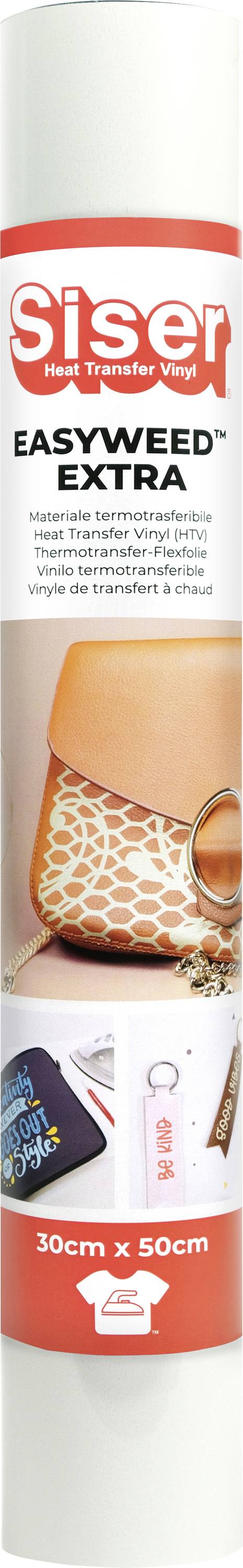 Rouleau de vinyle Siser EasyWeed Extra pour matériaux textiles présenté avec des designs échantillons, incluant une pochette à motifs orange et un porte-clés décoré.