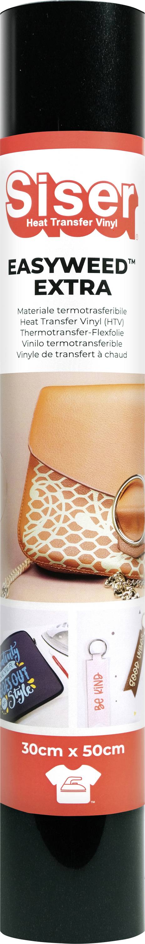 Un rouleau de vinyle de transfert thermique Siser EasyWeed Extra, présentant des images d'articles décorés tels qu'une pochette et un porte-clés. Dimensions : 30 cm x 50 cm.