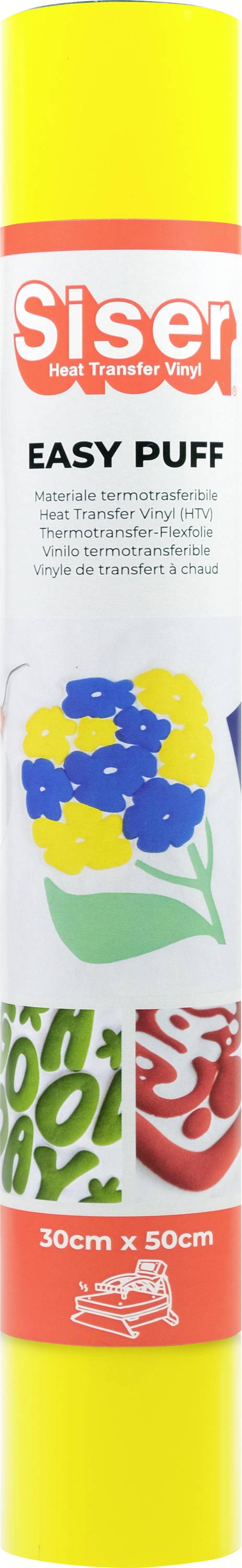 Rouleau de vinyle de transfert thermique Siser « Easy Puff » dans un emballage jaune vif, étiqueté « 30 cm x 50 cm », avec des motifs floraux et numériques.