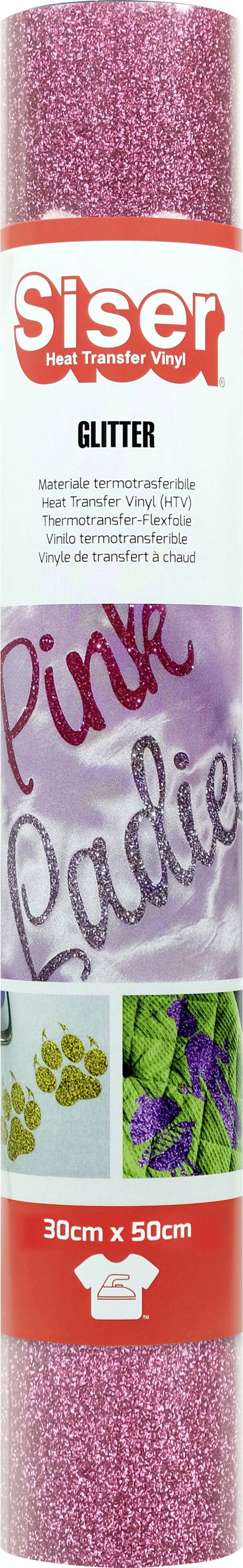 Rouleau de vinyle pailleté 'Pink Ladies' avec motif rose scintillant, marque 'Siser', taille 30 cm x 50 cm. Convient pour l'artisanat et la décoration.