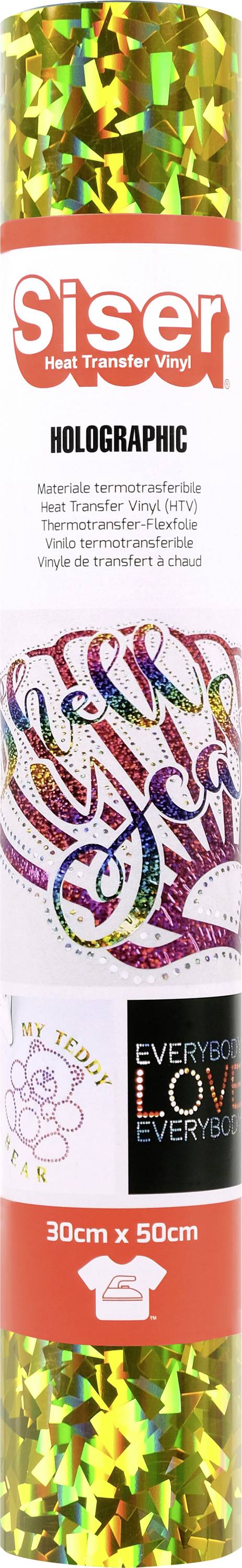 Un rouleau de vinyle holographique Siser, 30cm x 50cm, avec des exemples de motifs colorés et réfléchissants affichés.