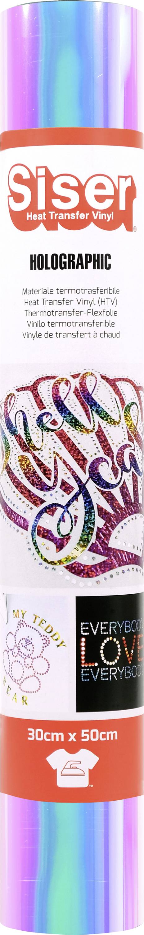 Rouleau de vinyle holographique Siser, 30 cm x 50 cm, avec des couleurs et des motifs éclatants, utilisé pour l'artisanat et la conception de tissus.