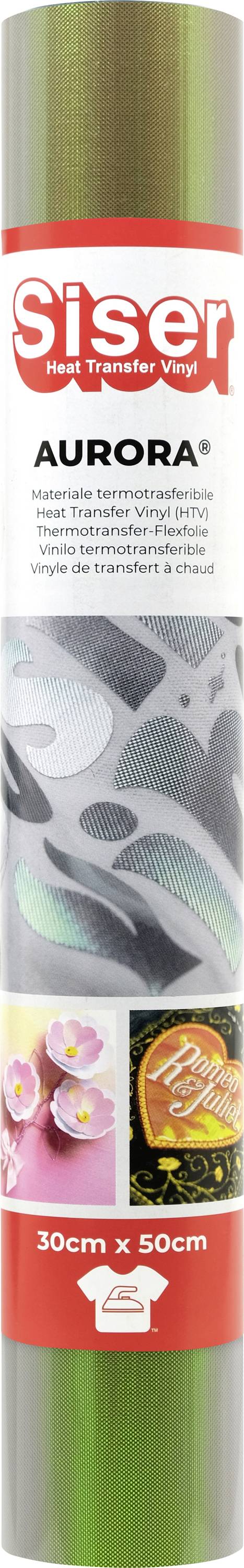 Un rouleau de vinyle de transfert thermique Siser Aurora mesurant 30 cm x 50 cm, avec une surface réfléchissante multicolore, adapté aux créations originales.