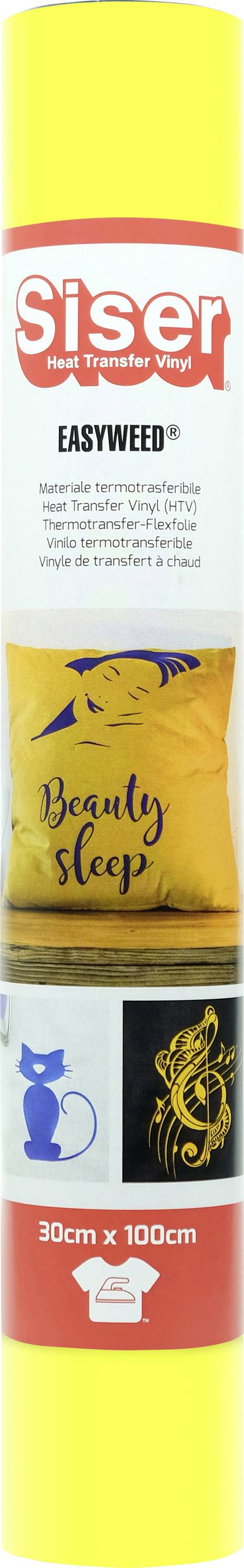 Rouleau de vinyle de transfert thermique « Siser EasyWeed » de 30 cm x 100 cm. Exemples de designs : coussin avec texte « Beauty Sleep », silhouette de chat, motif floral.