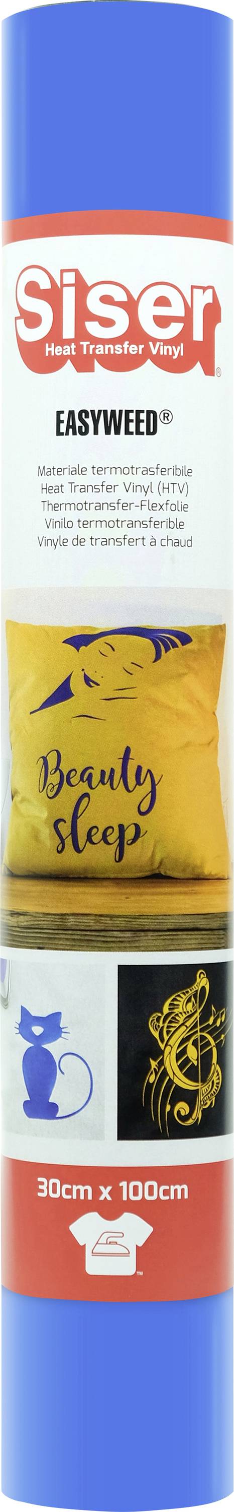 Un rouleau de vinyle de transfert thermique Siser EasyWeed avec des exemples : un coussin jaune avec « Beauty Sleep », un design de chat bleu et une note de musique jaune.