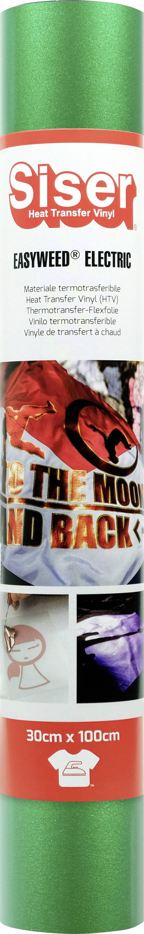 Rouleau vert de vinyle de transfert thermique Siser EasyWeed Electric, 30cm x 100cm, avec des images montrant l'application sur vêtements et la finition éclatante.