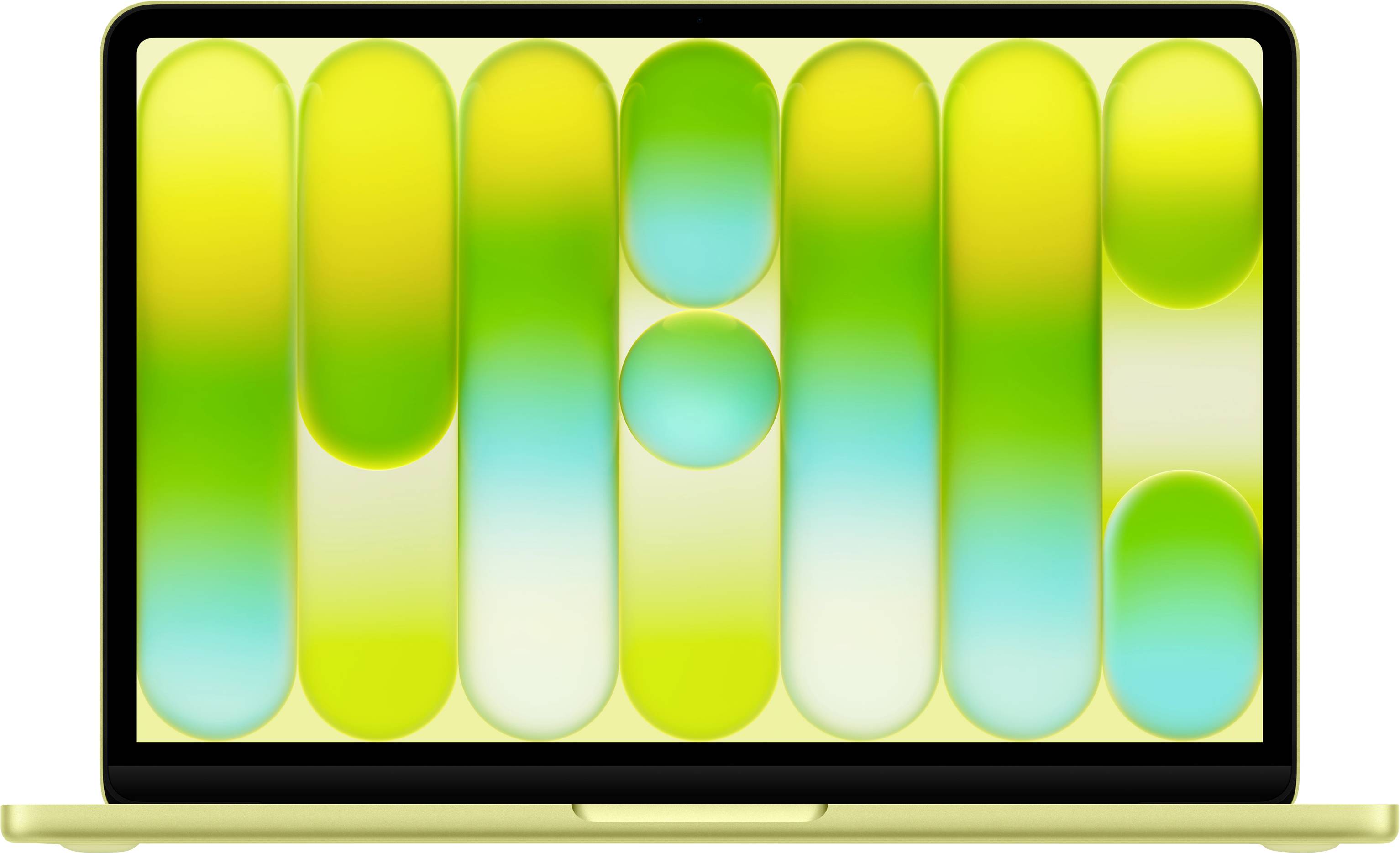 Un ordinateur portable affichant un fond d'écran abstrait avec des formes allongées vertes, jaunes et bleues, créant un motif vibrant et coloré sur l'écran.