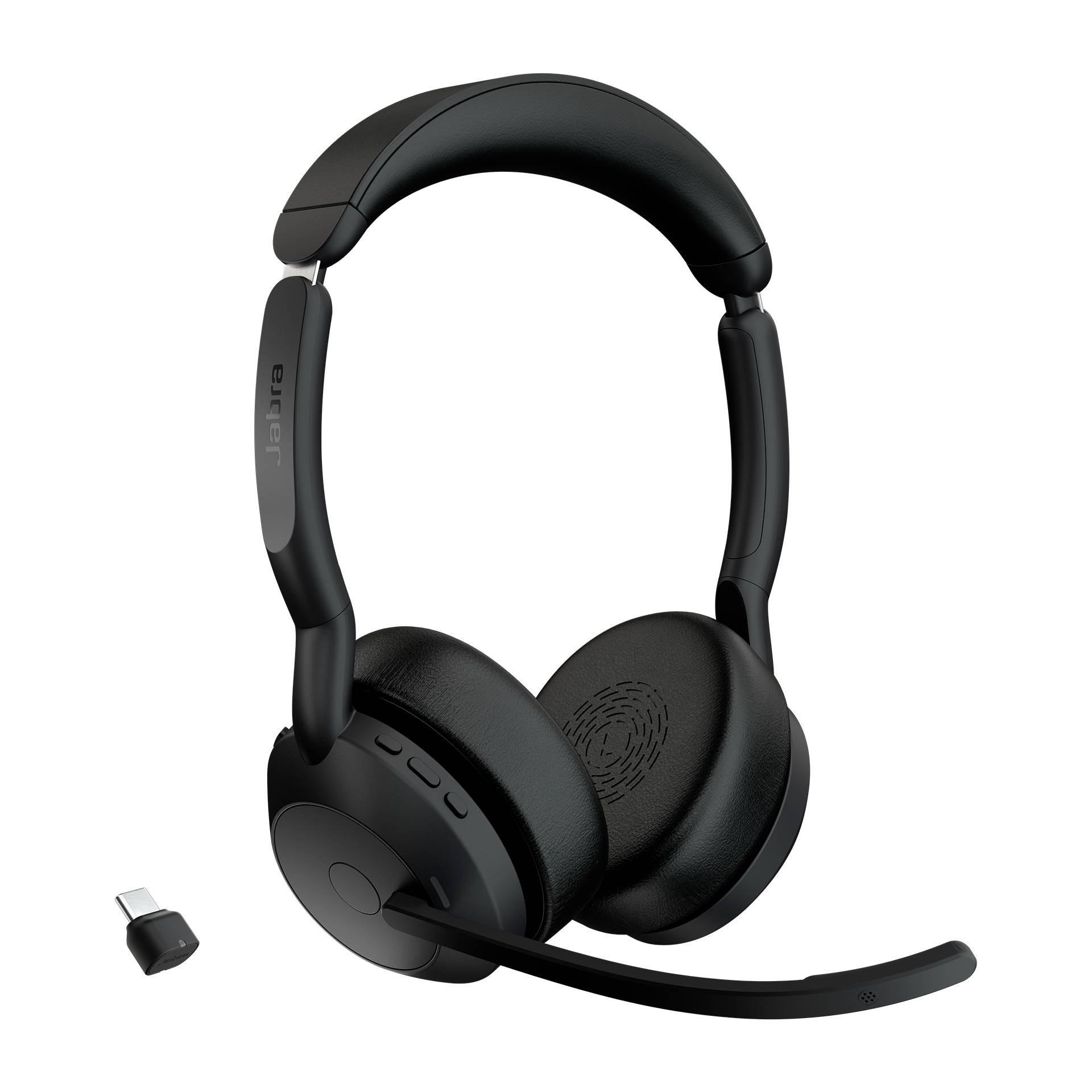 Casque sans fil noir supra-auriculaire avec micro-casque et dongle USB, présenté isolé sur fond blanc.