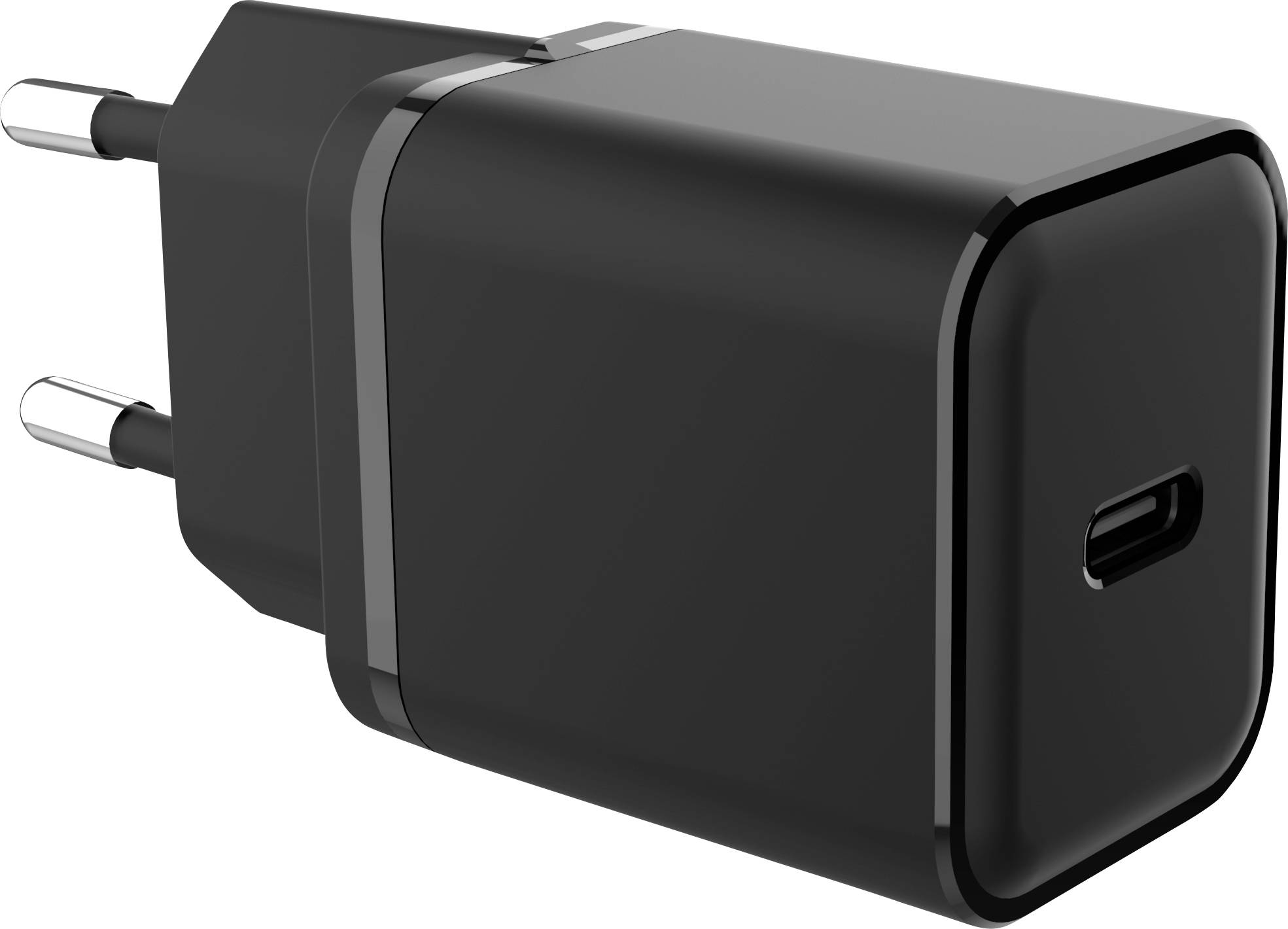 'Un adaptateur d'alimentation USB-C noir avec des broches de prise européenne, montré sous un angle.'