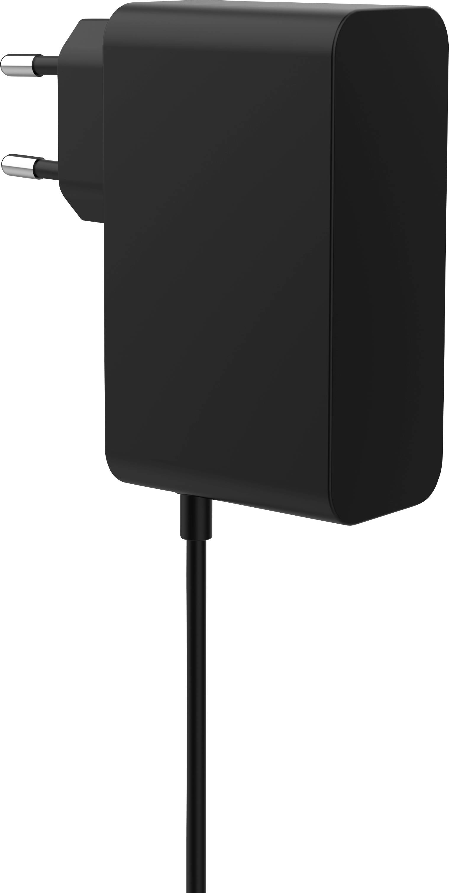 Chargeur mural noir avec prise européenne et câble intégré, conçu pour recharger les appareils électroniques.