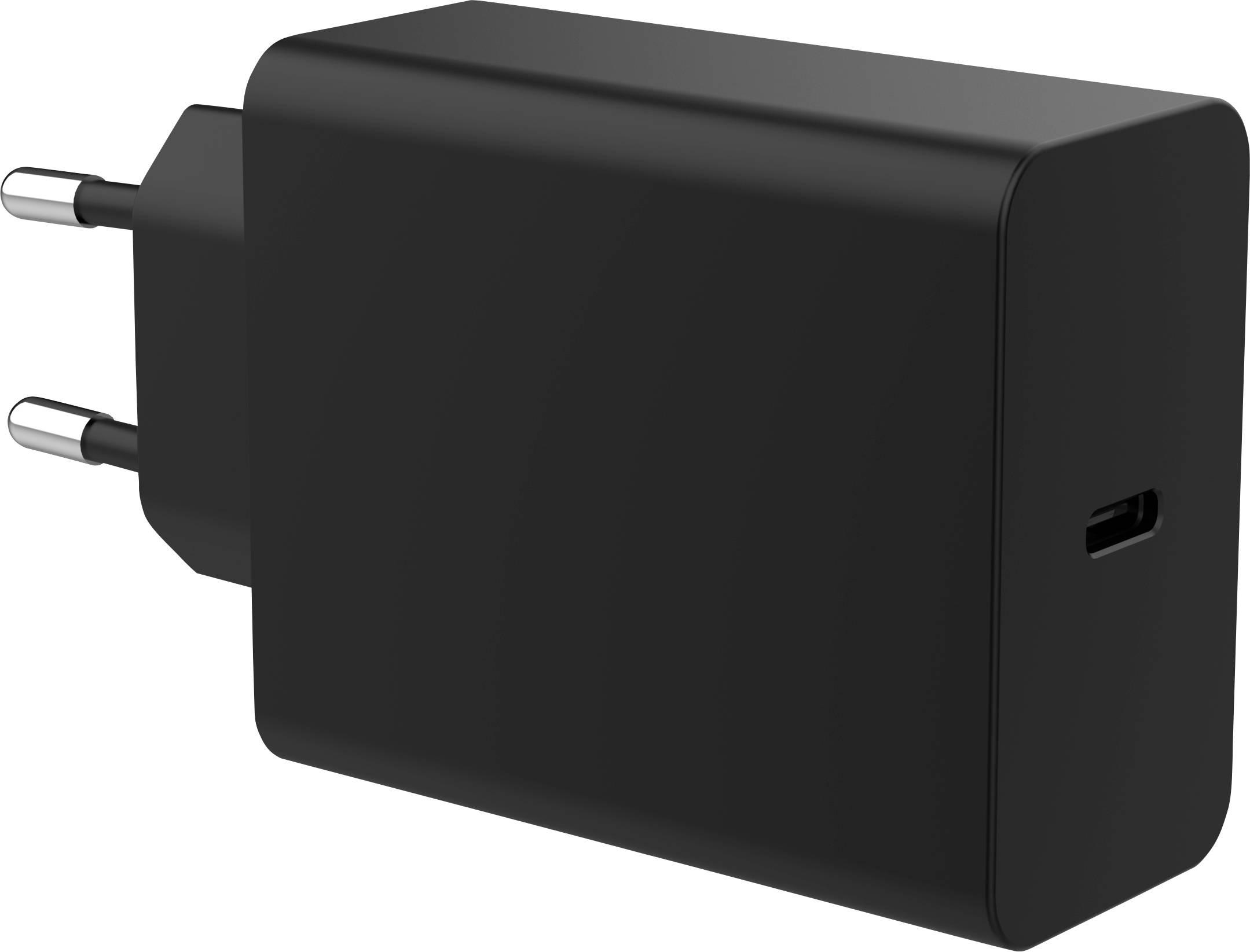 Un chargeur mural USB-C noir avec une prise à deux broches, conçu pour charger les appareils électroniques.