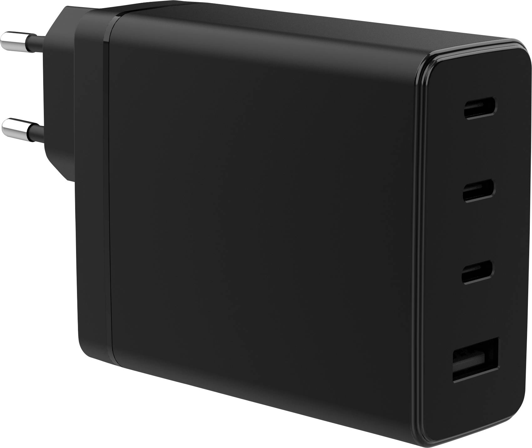 Un chargeur mural USB noir avec quatre ports : trois ports USB-C et un port USB-A, conçu pour la recharge de plusieurs appareils et disposant de broches de prise européenne.