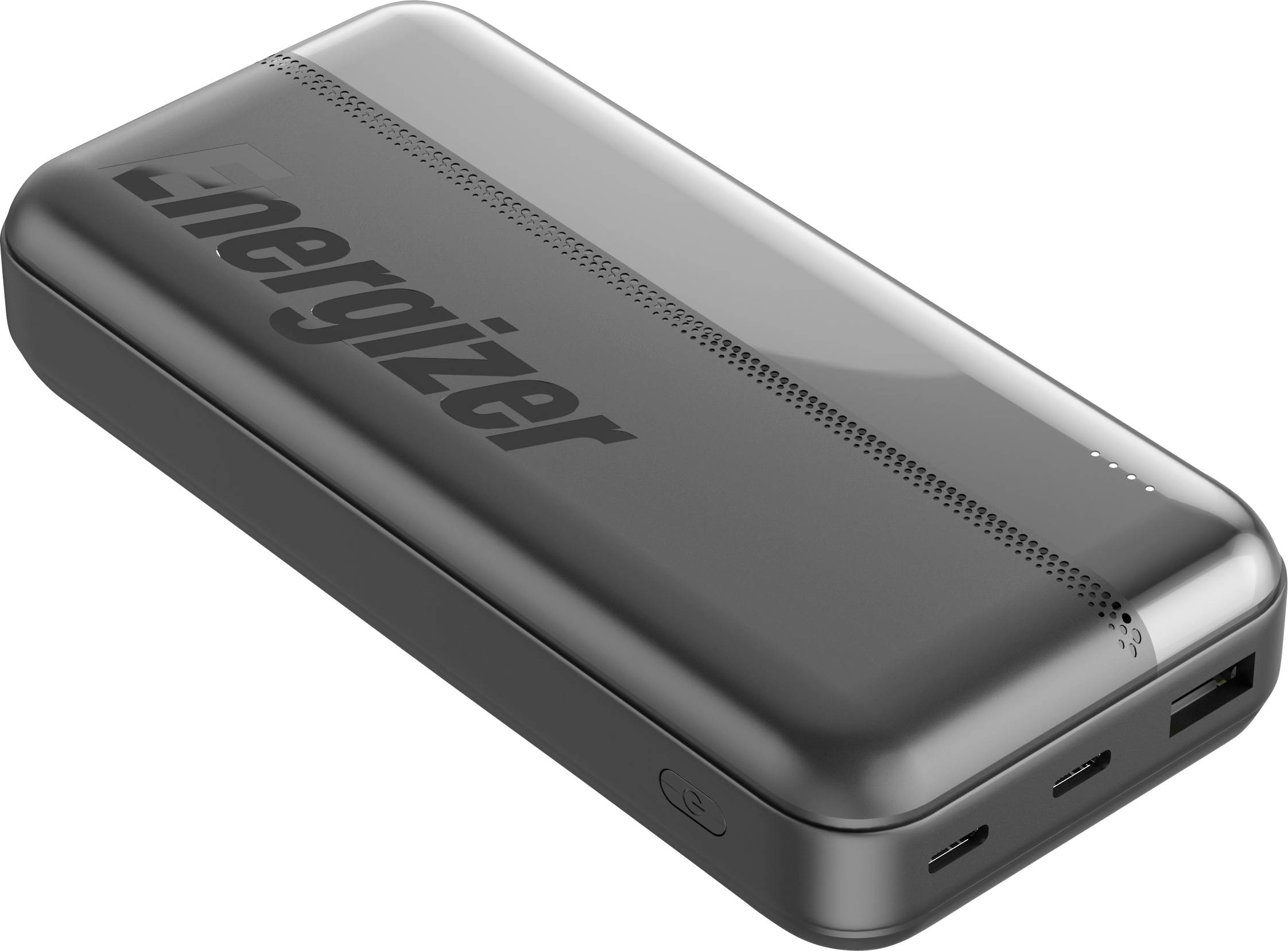 Un chargeur portable Energizer noir montrant les ports USB et Type-C, vue en angle.